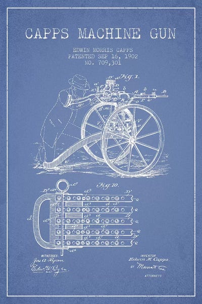 Weapon Blueprints: E.M. Capps Machine Gun Patent Sketch (Light Blue) I by Aged Pixel