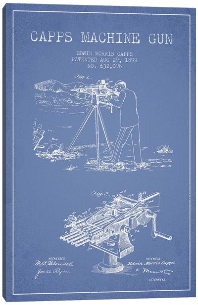 E.M. Capps Machine Gun Patent Sketch (Light Blue) II Canvas Art Print - Aged Pixel: Weapons