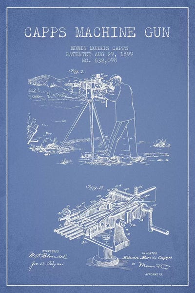 Weapon Blueprints: E.M. Capps Machine Gun Patent Sketch (Light Blue) II by Aged Pixel