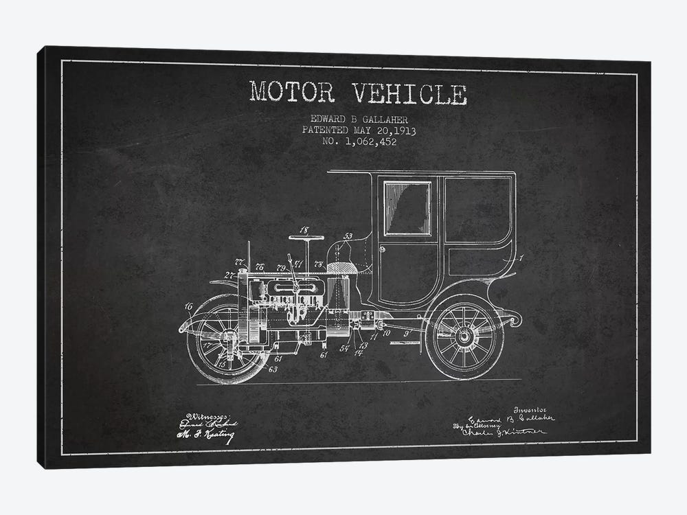 Edward B. Gallaher Motor Vehicle Patent Sketch (Charcoal) by Aged Pixel 1-piece Canvas Artwork