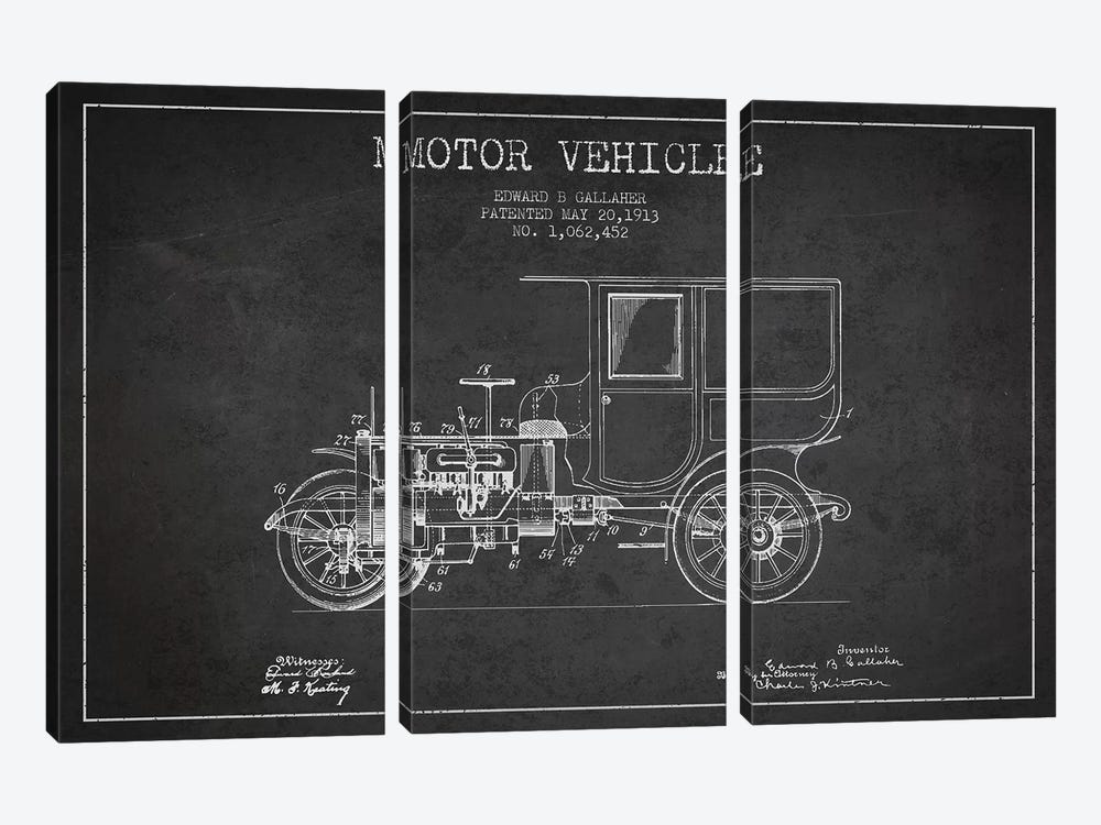 Edward B. Gallaher Motor Vehicle Patent Sketch (Charcoal) by Aged Pixel 3-piece Canvas Wall Art