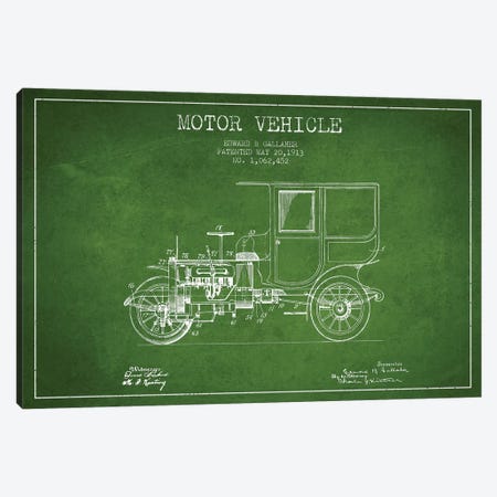 Edward B. Gallaher Motor Vehicle Patent Sketch (Green) Canvas Print #ADP2844} by Aged Pixel Canvas Art Print