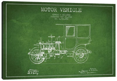 Edward B. Gallaher Motor Vehicle Patent Sketch (Green) Canvas Art Print - Automobile Blueprints