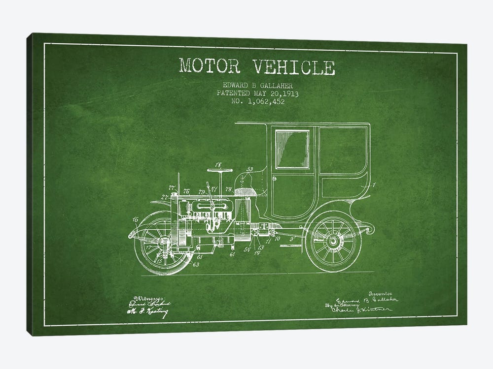 Edward B. Gallaher Motor Vehicle Patent Sketch (Green) by Aged Pixel 1-piece Canvas Art Print