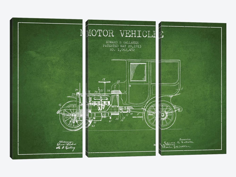 Edward B. Gallaher Motor Vehicle Patent Sketch (Green) by Aged Pixel 3-piece Art Print