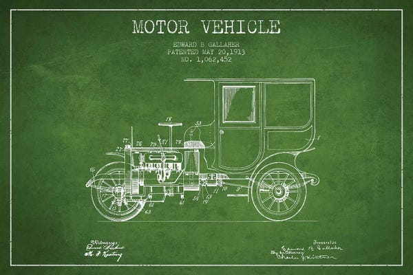 Automobile Blueprints: Edward B. Gallaher Motor Vehicle Patent Sketch (Green) by Aged Pixel