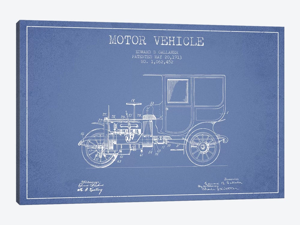 Edward B. Gallaher Motor Vehicle Patent Sketch (Light Blue) by Aged Pixel 1-piece Canvas Wall Art