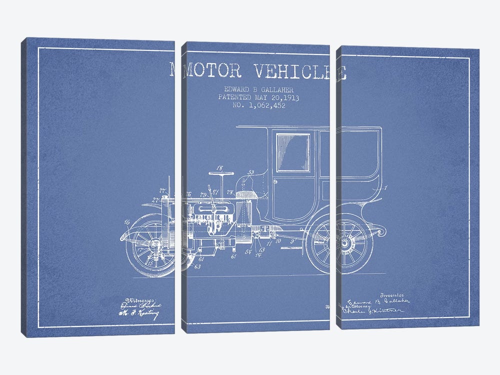 Edward B. Gallaher Motor Vehicle Patent Sketch (Light Blue) by Aged Pixel 3-piece Canvas Artwork