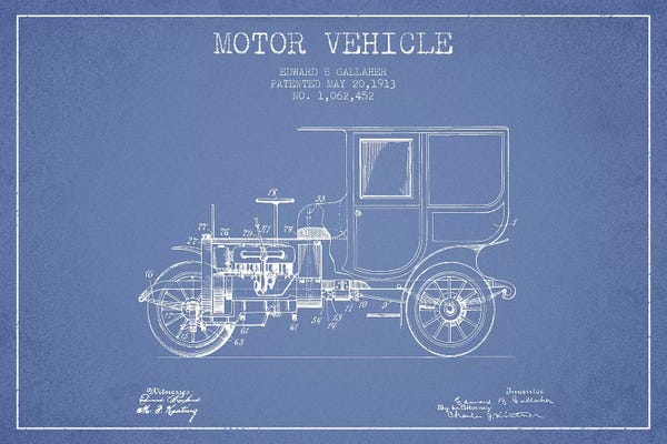Automobile Blueprints: Edward B. Gallaher Motor Vehicle Patent Sketch (Light Blue) by Aged Pixel
