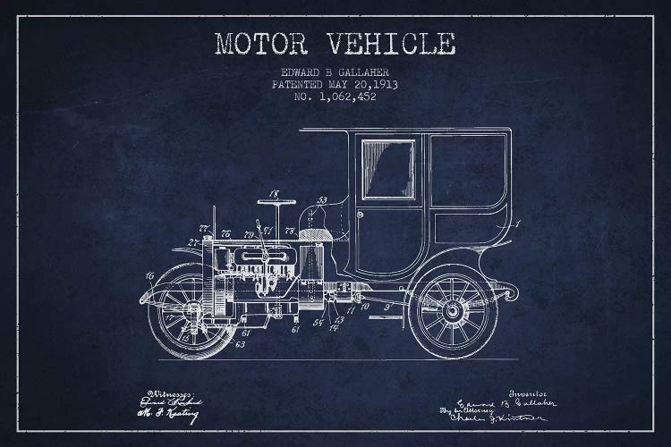 Edward B. Gallaher Motor Vehicle Patent Sketch (Navy Blue) by Aged Pixel wall art