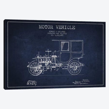 Edward B. Gallaher Motor Vehicle Patent Sketch (Navy Blue) Canvas Print #ADP2846} by Aged Pixel Canvas Art Print