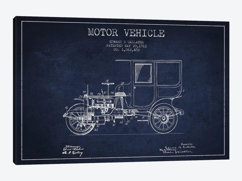 Edward B. Gallaher Motor Vehicle Patent Sketch (Navy Blue) by Aged Pixel 1-piece Canvas Print