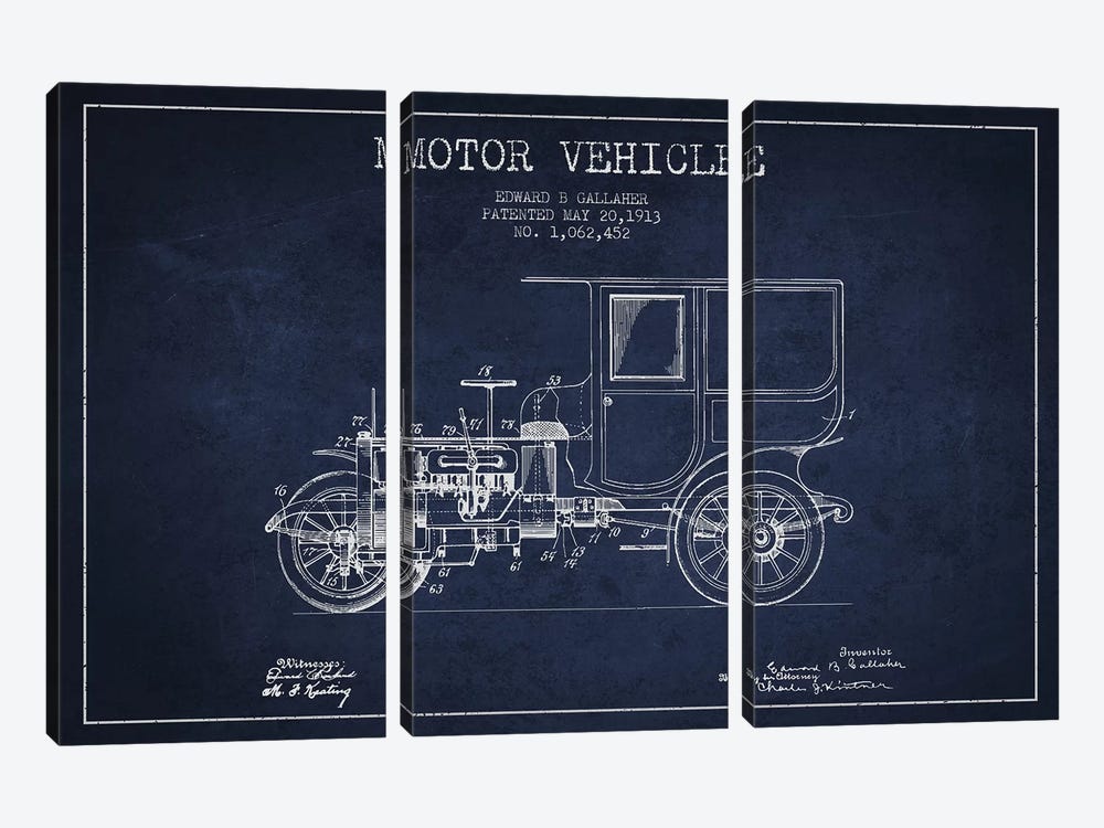 Edward B. Gallaher Motor Vehicle Patent Sketch (Navy Blue) by Aged Pixel 3-piece Canvas Print