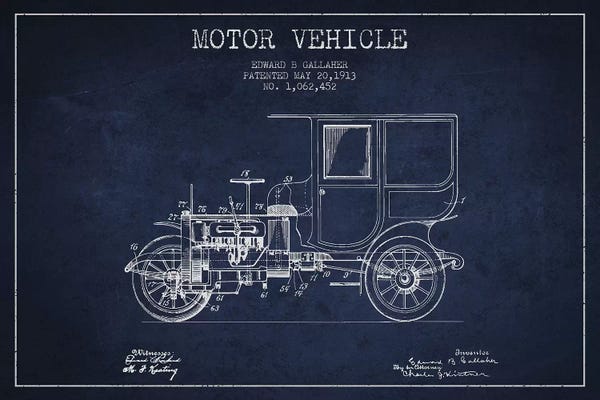 Automobile Blueprints: Edward B. Gallaher Motor Vehicle Patent Sketch (Navy Blue) by Aged Pixel