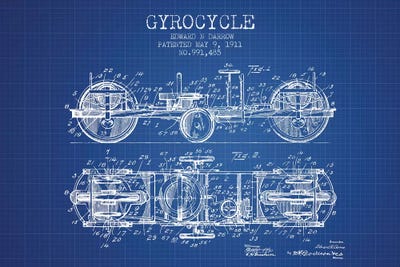 Edward N. Darrow Gyrocycle Patent Sketch (Blue Grid) by Aged Pixel canvas print