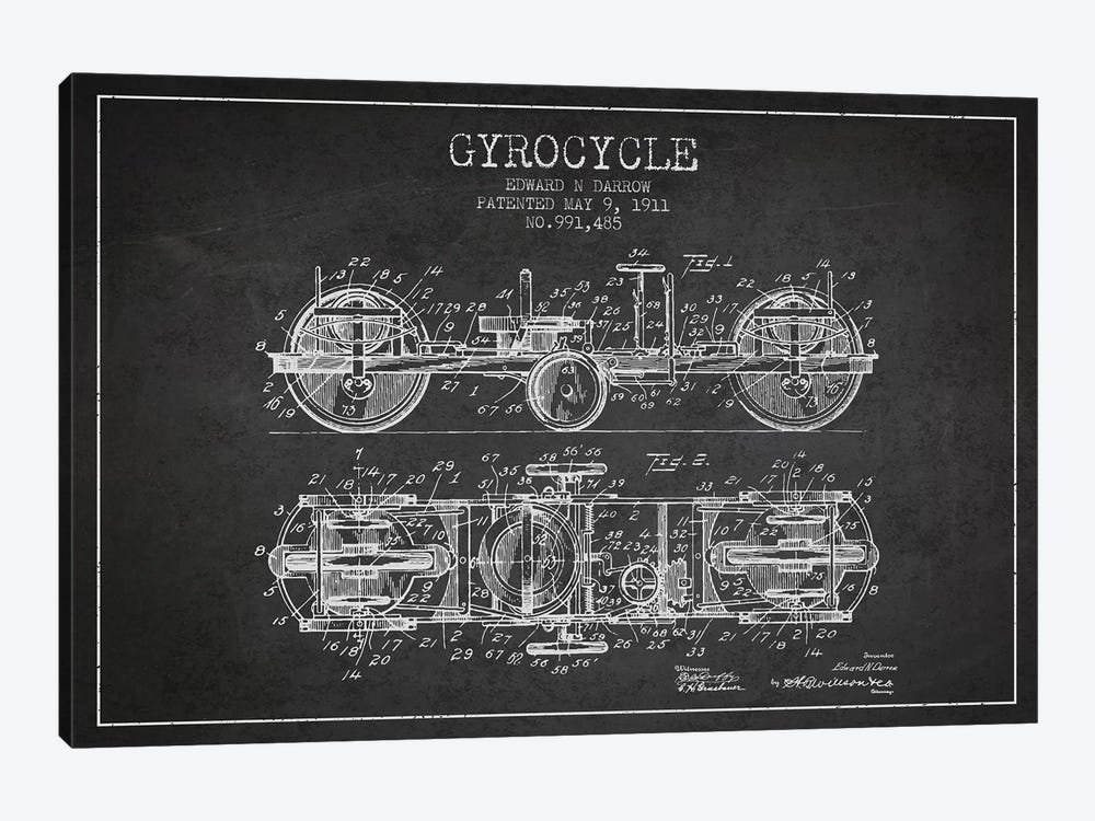 Edward N. Darrow Gyrocycle Patent Sketch (Charcoal) by Aged Pixel 1-piece Canvas Art Print