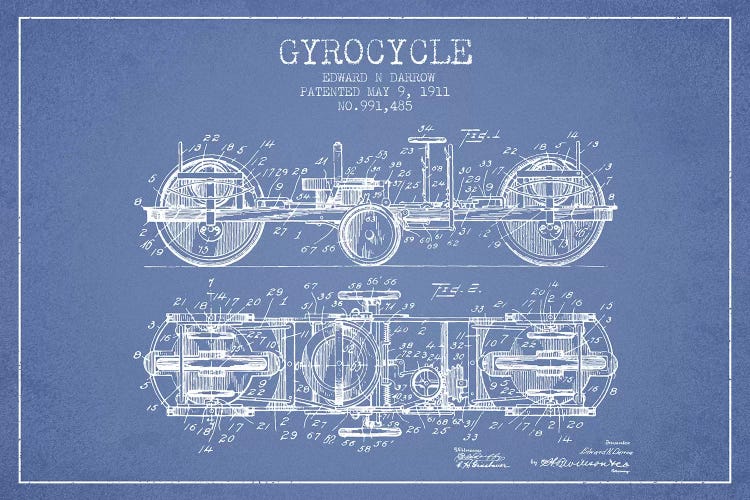 Edward N. Darrow Gyrocycle Patent Sketch (Light Blue) by Aged Pixel wall art