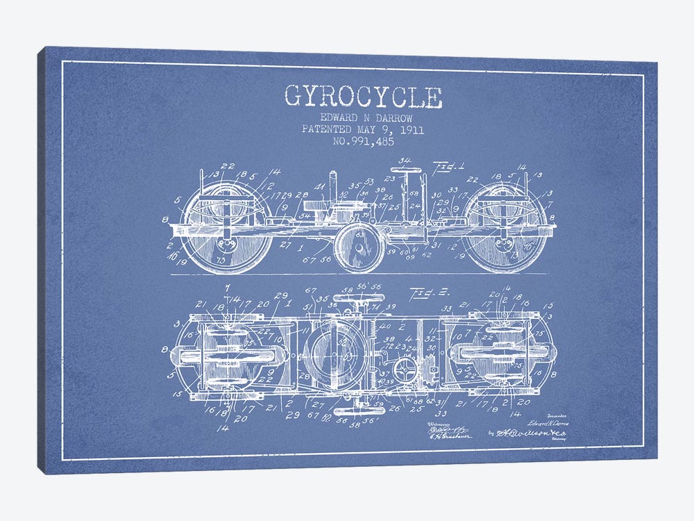 Edward N. Darrow Gyrocycle Patent Sketch (Light Blue) by Aged Pixel 1-piece Canvas Artwork