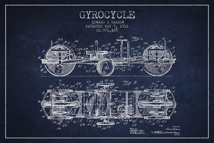 Edward N. Darrow Gyrocycle Patent Sketch (Navy Blue)