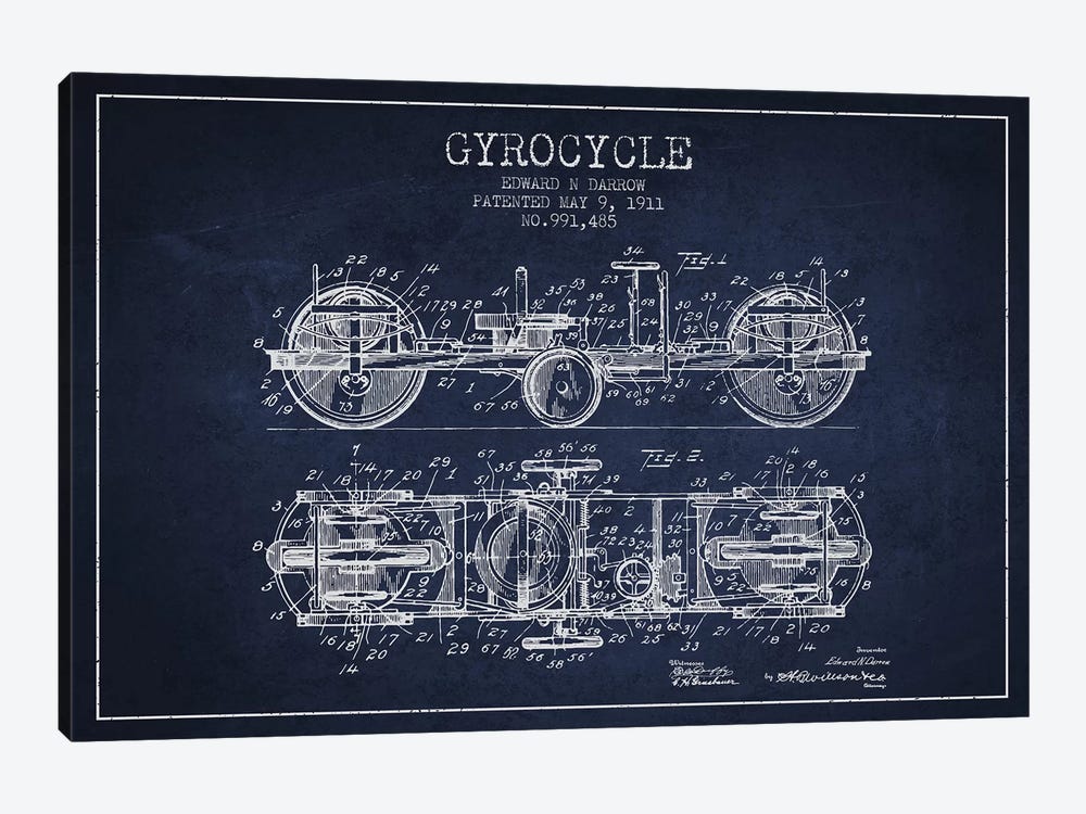 Edward N. Darrow Gyrocycle Patent Sketch (Navy Blue) by Aged Pixel 1-piece Canvas Wall Art