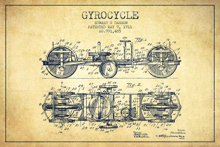 Edward N. Darrow Gyrocycle Patent Sketch (Vintage) by Aged Pixel wall art