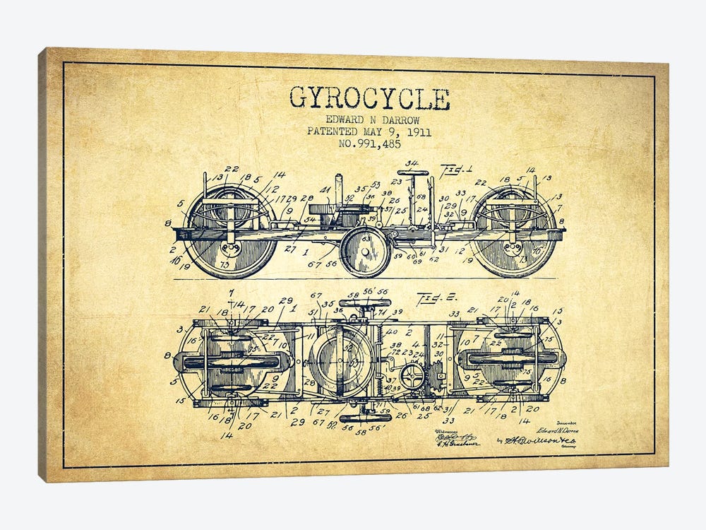 Edward N. Darrow Gyrocycle Patent Sketch (Vintage) by Aged Pixel 1-piece Canvas Art Print
