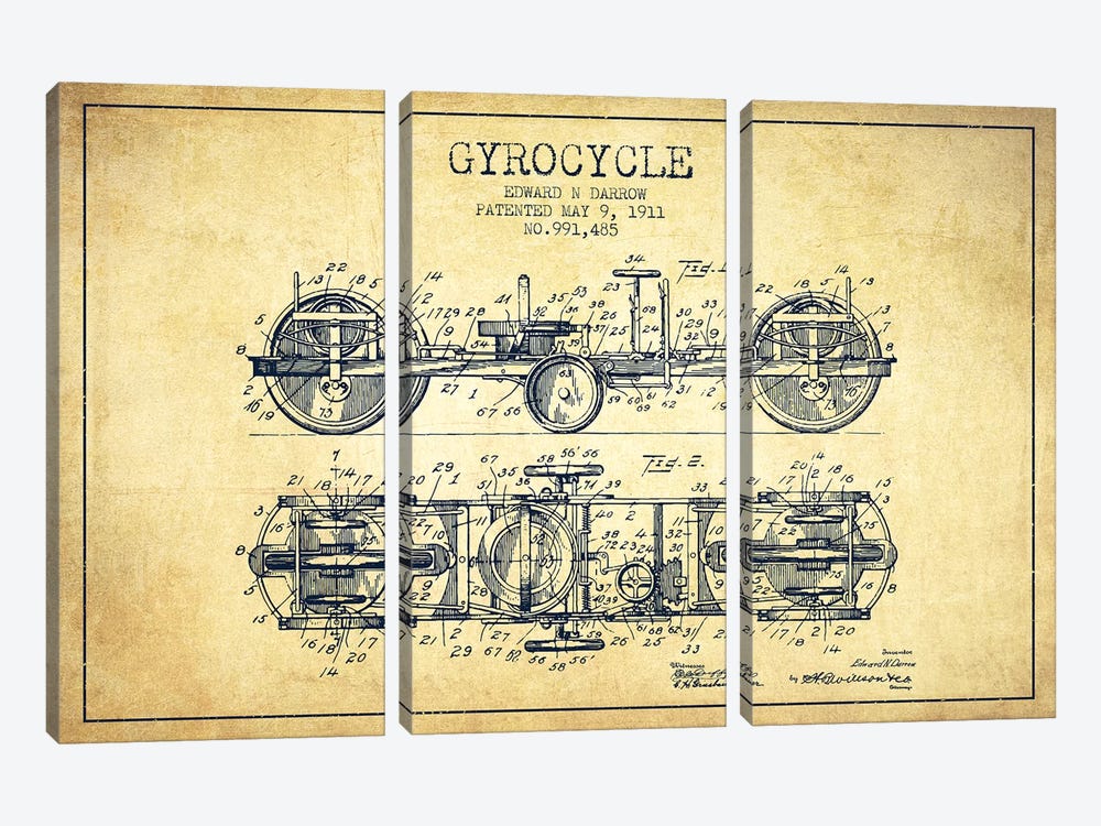 Edward N. Darrow Gyrocycle Patent Sketch (Vintage) by Aged Pixel 3-piece Canvas Print
