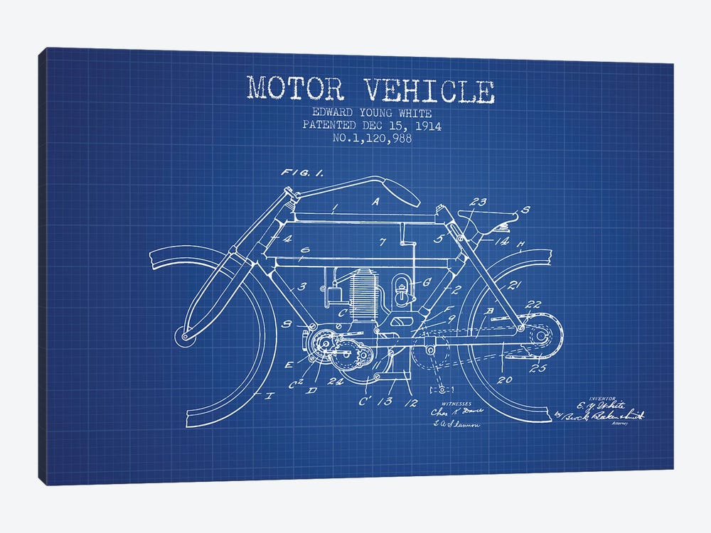 Edward Y. White Motor Vehicle Patent Sketch (Blue Grid) by Aged Pixel 1-piece Canvas Wall Art