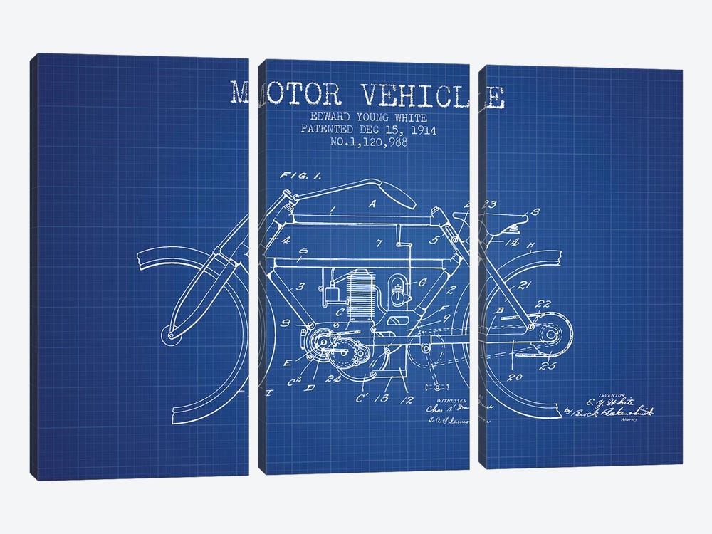 Edward Y. White Motor Vehicle Patent Sketch (Blue Grid) by Aged Pixel 3-piece Canvas Wall Art
