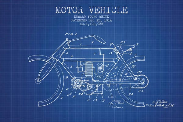 Motorcycle Blueprints: Edward Y. White Motor Vehicle Patent Sketch (Blue Grid) by Aged Pixel