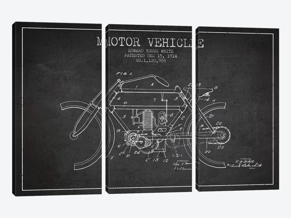 Edward Y. White Motor Vehicle Patent Sketch (Charcoal) by Aged Pixel 3-piece Canvas Print