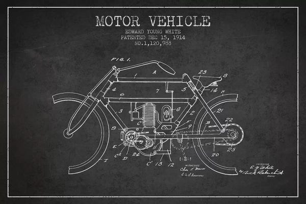 Motorcycle Blueprints: Edward Y. White Motor Vehicle Patent Sketch (Charcoal) by Aged Pixel