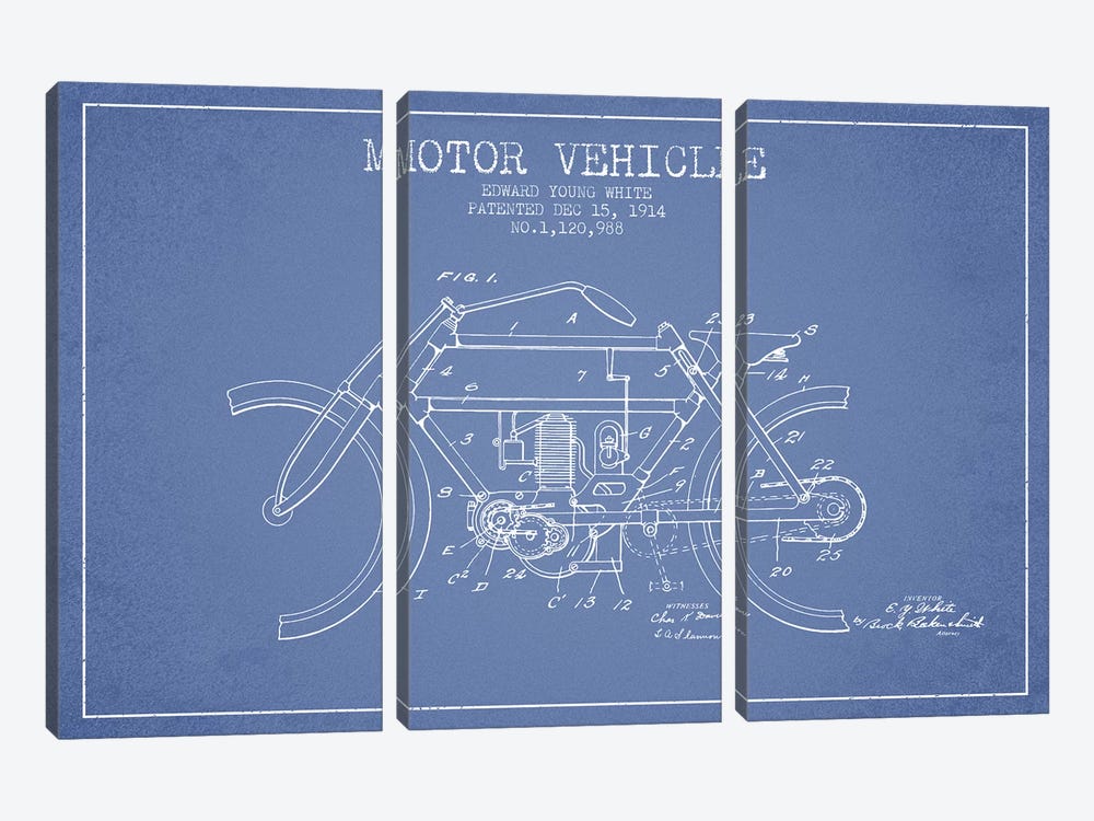 Edward Y. White Motor Vehicle Patent Sketch (Light Blue) by Aged Pixel 3-piece Canvas Art