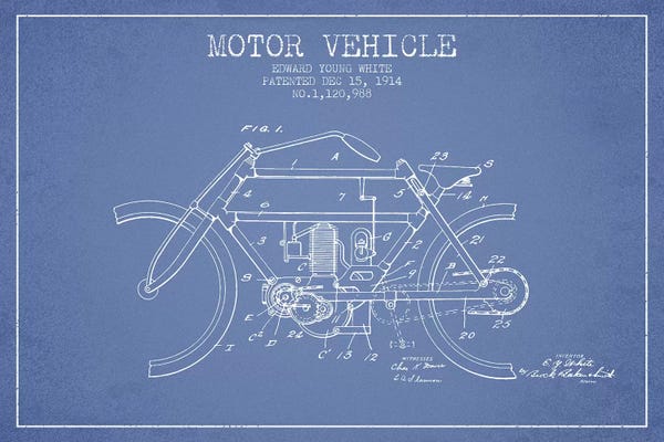 Motorcycle Blueprints: Edward Y. White Motor Vehicle Patent Sketch (Light Blue) by Aged Pixel