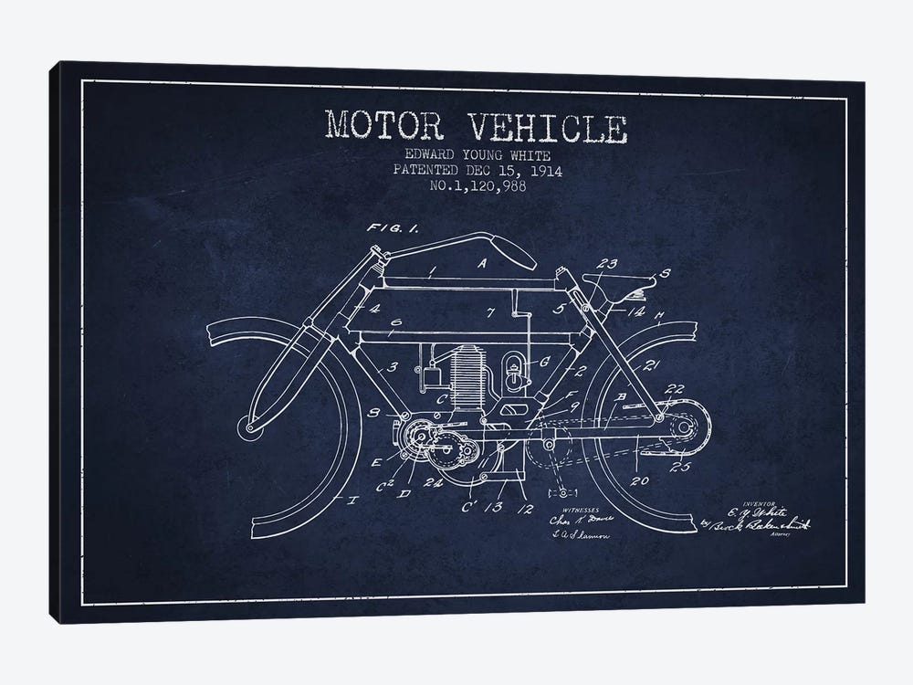 Edward Y. White Motor Vehicle Patent Sketch (Navy Blue) by Aged Pixel 1-piece Canvas Art Print
