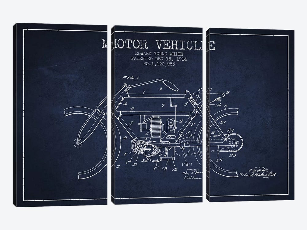 Edward Y. White Motor Vehicle Patent Sketch (Navy Blue) by Aged Pixel 3-piece Canvas Art Print