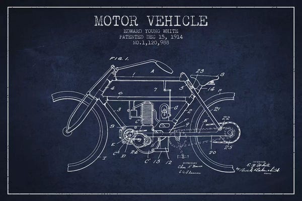 Motorcycle Blueprints: Edward Y. White Motor Vehicle Patent Sketch (Navy Blue) by Aged Pixel
