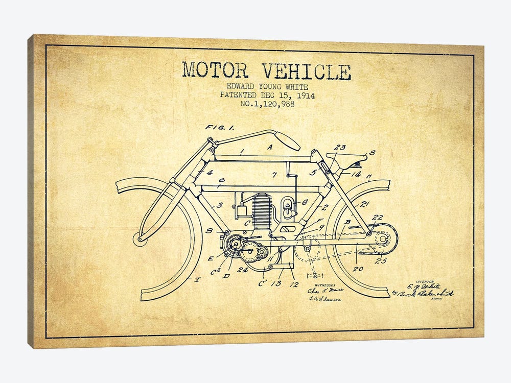 Edward Y. White Motor Vehicle Patent Sketch (Vintage) by Aged Pixel 1-piece Canvas Artwork