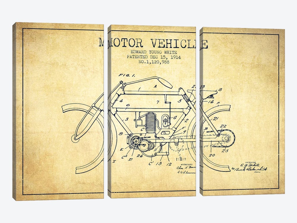 Edward Y. White Motor Vehicle Patent Sketch (Vintage) by Aged Pixel 3-piece Canvas Art