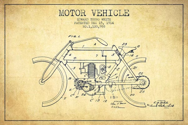 Motorcycle Blueprints: Edward Y. White Motor Vehicle Patent Sketch (Vintage) by Aged Pixel