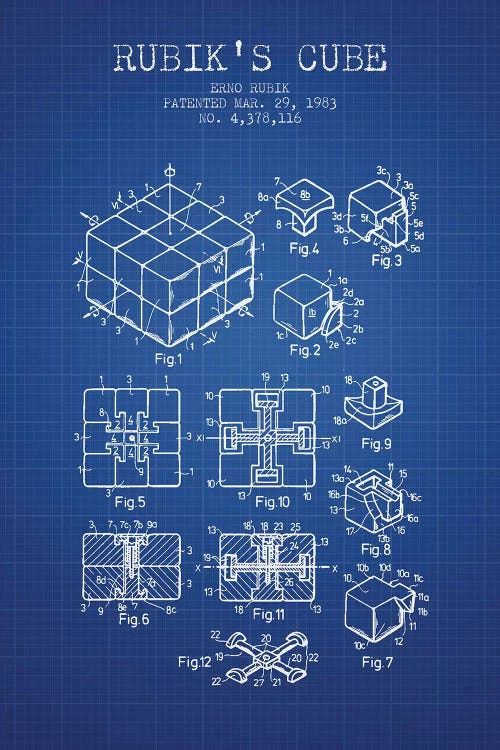 Erno Rubik Rubik's Cube Patent Sketch (Blue Grid)