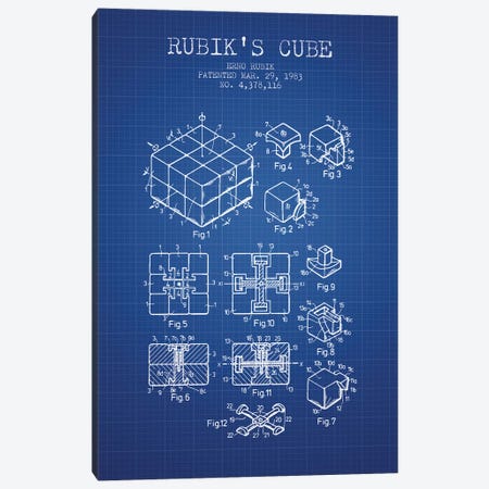 Erno Rubik Rubik's Cube Patent Sketch (Blue Grid) Canvas Print #ADP2858} by Aged Pixel Art Print