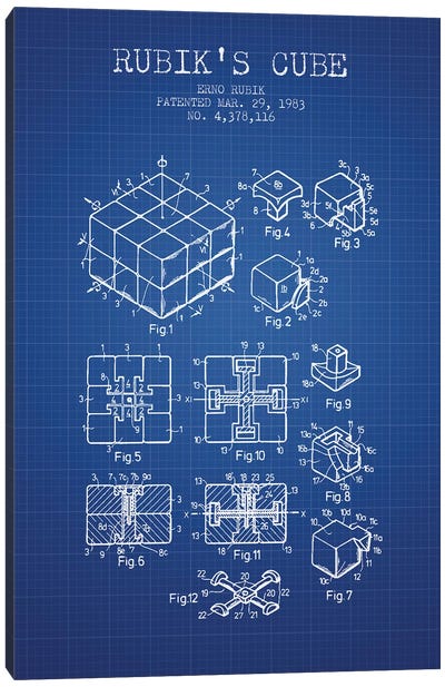 Erno Rubik Rubik's Cube Patent Sketch (Blue Grid) Canvas Art Print - Toy & Game Blueprints