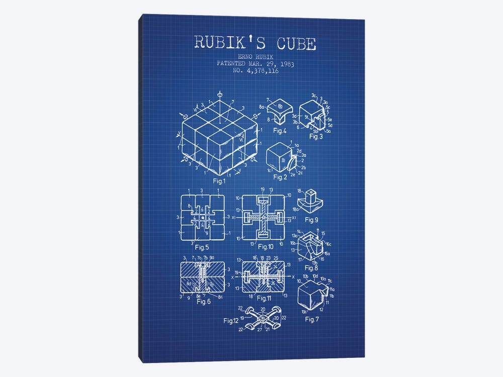 Erno Rubik Rubik's Cube Patent Sketch (Blue Grid) by Aged Pixel 1-piece Canvas Art