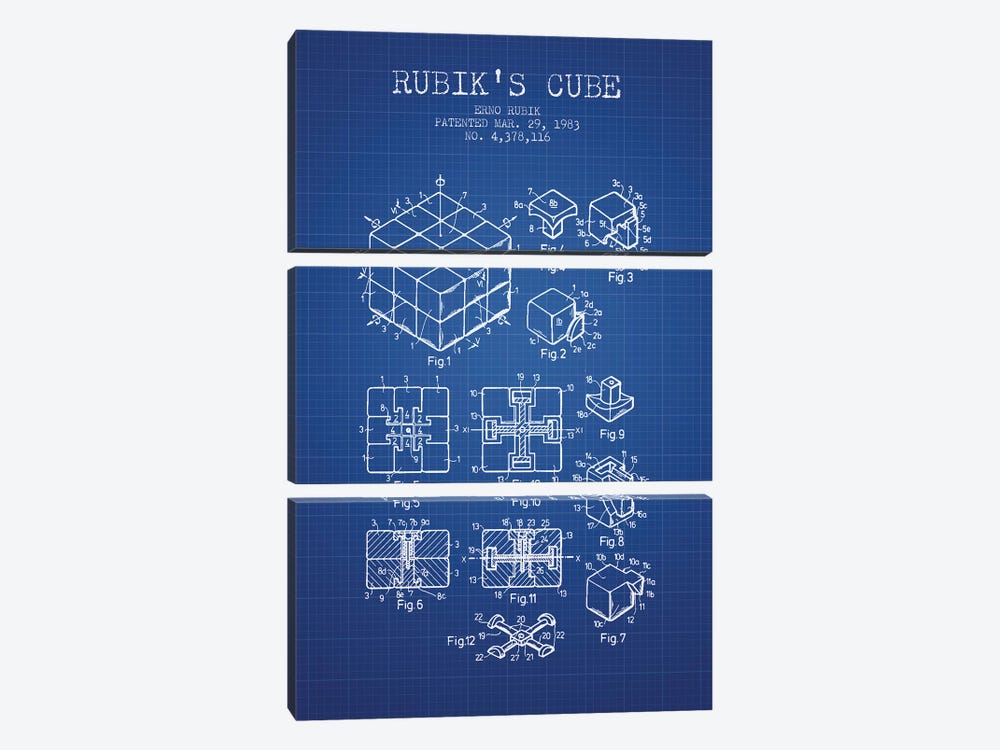 Erno Rubik Rubik's Cube Patent Sketch (Blue Grid) by Aged Pixel 3-piece Canvas Artwork