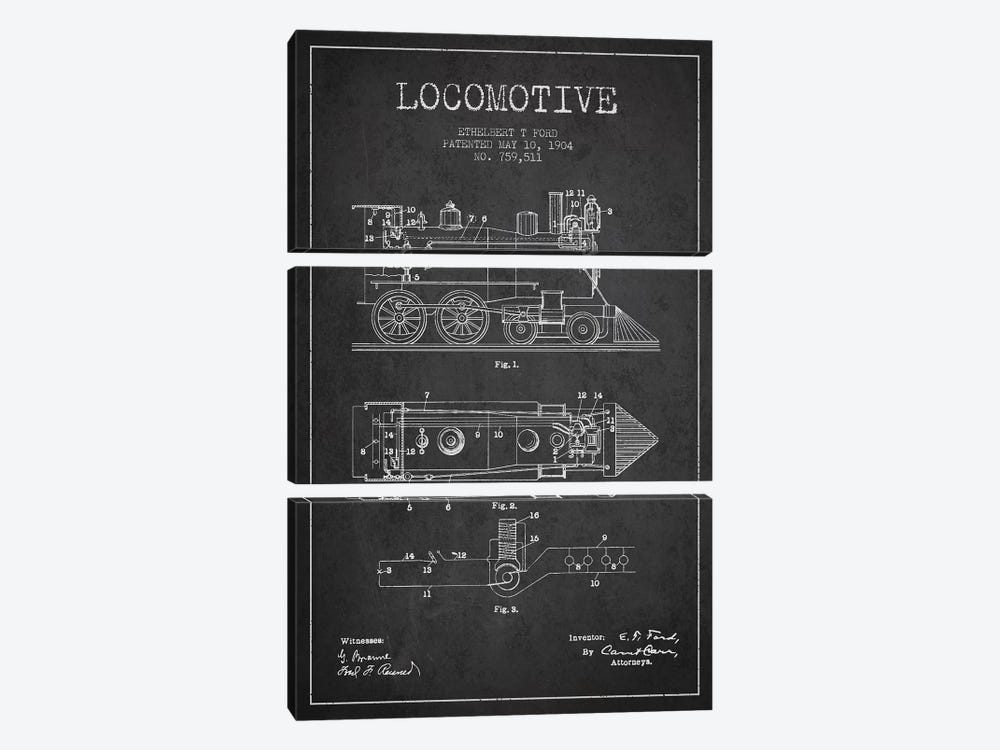 Ethelbert T. Ford Locomotive Pattern Sketch (Charcoal) by Aged Pixel 3-piece Canvas Art Print