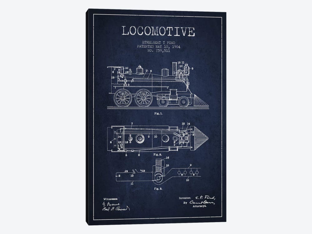 Ethelbert T. Ford Locomotive Pattern Sketch (Navy Blue) by Aged Pixel 1-piece Art Print