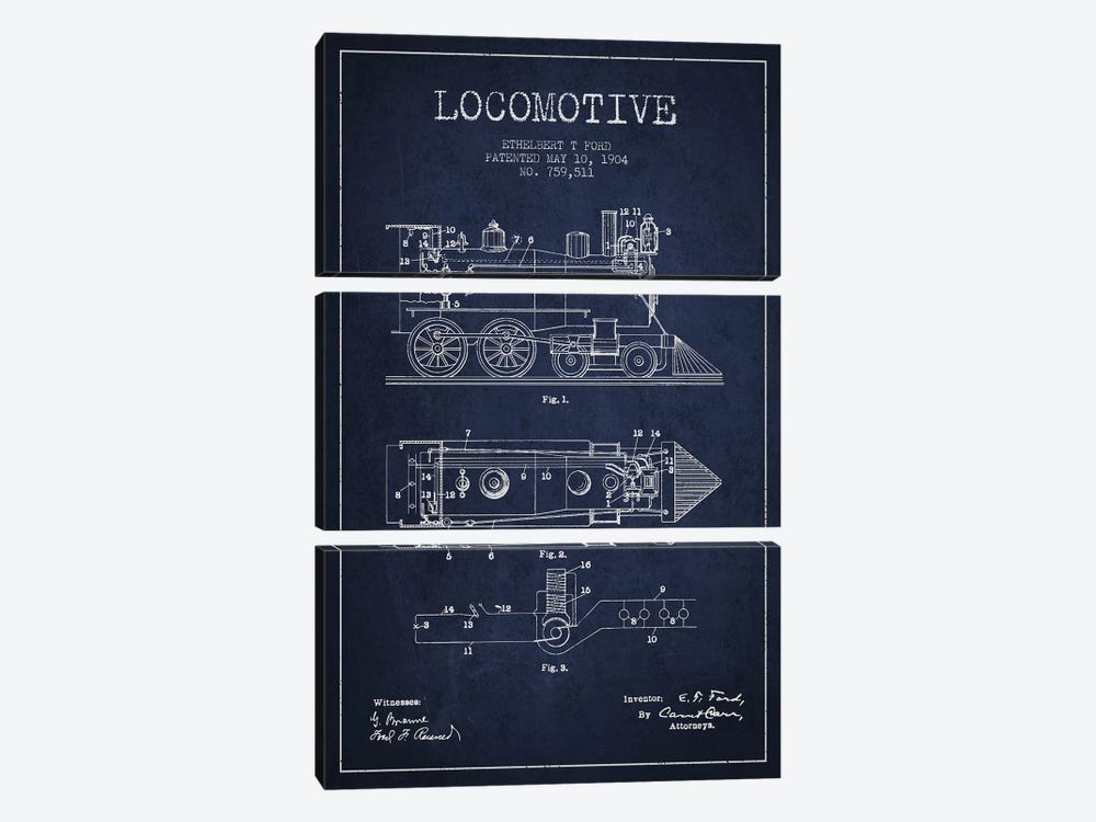 Ethelbert T. Ford Locomotive Pattern Sketch (Navy Blue) by Aged Pixel 3-piece Canvas Print