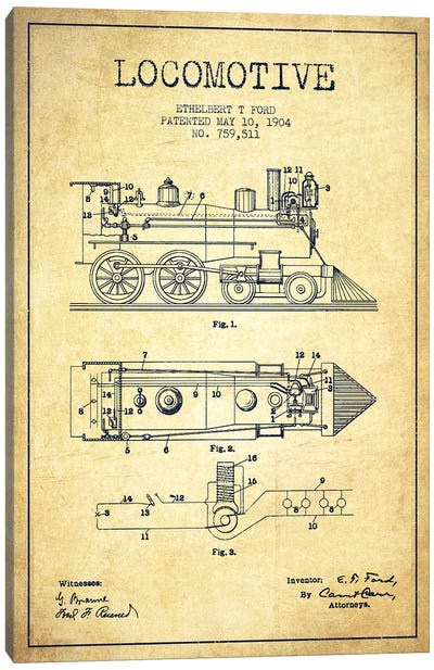 Ethelbert T. Ford Locomotive Pattern Sketch (Vintage) Canvas Art Print - Train Art
