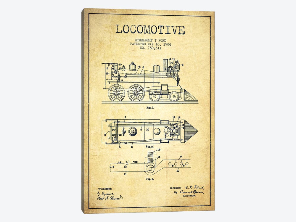 Ethelbert T. Ford Locomotive Pattern Sketch (Vintage) by Aged Pixel 1-piece Canvas Art